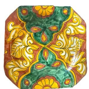 Vintage Talavera Hand painted Platter Mexico 8 3/4” Wall Plate Orange Green